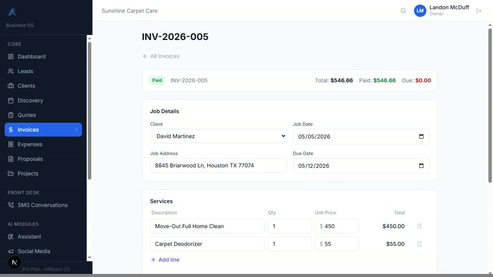 An operations platform showing a paid invoice with job details and line items, alongside navigation for leads, clients, quotes, invoices, expenses and projects.
